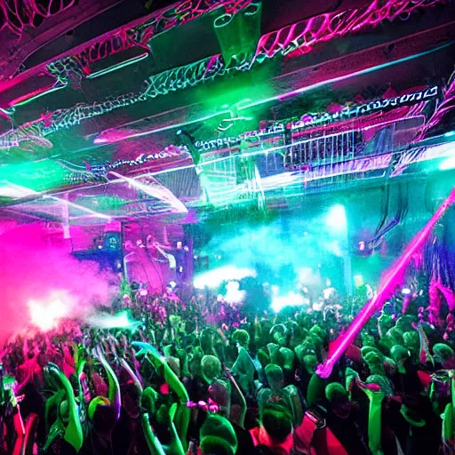 Prompt: A photograph depicting: a large scale acid rave themed 'computer takeover' with lasers and smokemachines