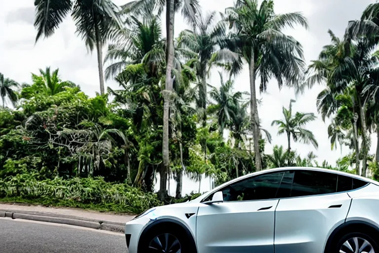 Image similar to Tesla model y on the road in a beautiful lush tropical city