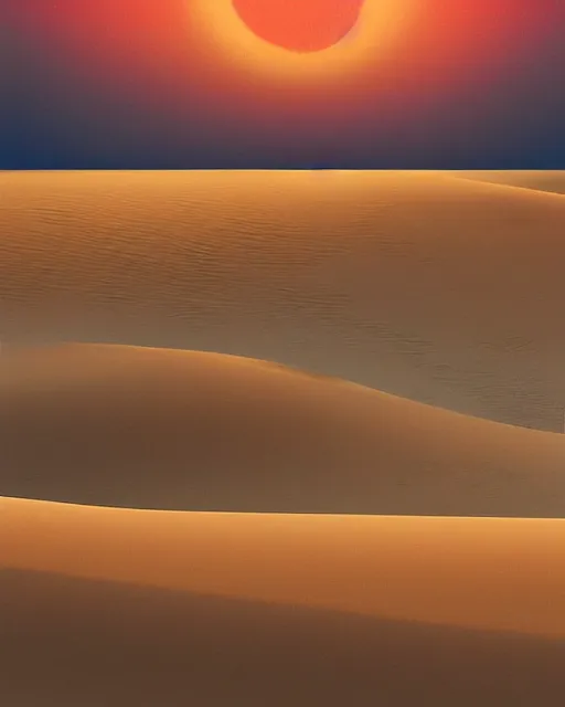 Prompt: sand dunes disappearing into the horizon in a vast desert at sunset on the planet arrakis, view from very far away, futurism, dan mumford, victo ngai, kilian eng, da vinci, josan gonzalez