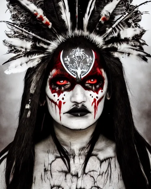 Image similar to lady native sisters ghost - spirit of the grim - warpaint wears the scarlet skull armor and native blood headdress feathers, midnight fog - mist!, cinematic lighting, various refining methods, micro macro autofocus, ultra definition, award winning photo, photograph by ghostwave - gammell - giger - shadowlord