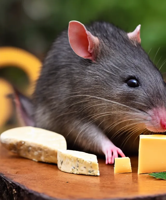 Image similar to high quality presentation photo of vicious anthropomorphic rats with sharp teeth eating cheese, photography 4k f1.8 anamorphic bokeh 4k Canon Nikon