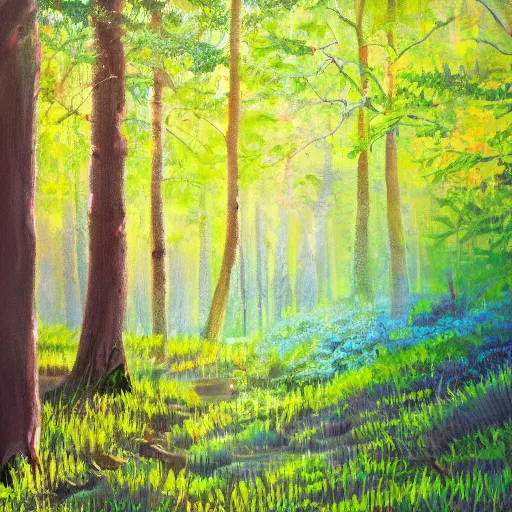 Prompt: a painting of lush forest in the sunlight, acrylic painting, very detailed, mellow, 4 k, trending on artstation