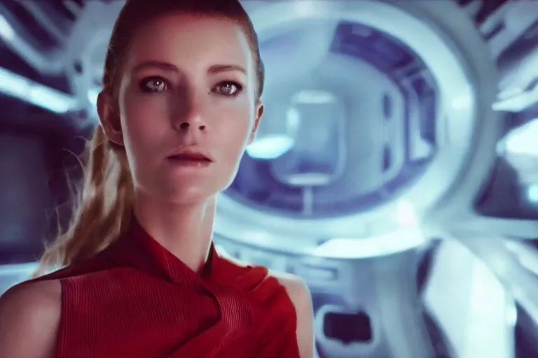 Image similar to VFX movie of a futuristic space woman model gorgeous portrait in inhuman future spaceship, beautiful natural skin natural lighting by Emmanuel Lubezki