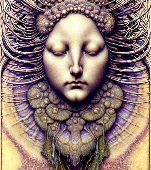 Image similar to detailed realistic beautiful scallop goddess face portrait by jean delville, gustave dore, iris van herpen and marco mazzoni, art forms of nature by ernst haeckel, art nouveau, symbolist, visionary, gothic, neo - gothic, pre - raphaelite, fractal lace, intricate alien botanicals, ai biodiversity, surreality, hyperdetailed ultrasharp octane render