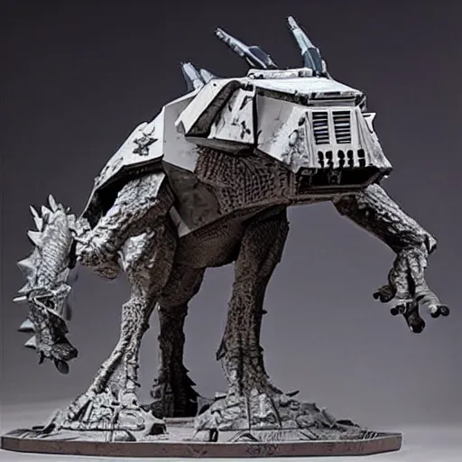 Prompt: a fusion between the tarrasque and an AT-AT, flat grey color, completely metal, guns on shoulders, hyper-realistic CG