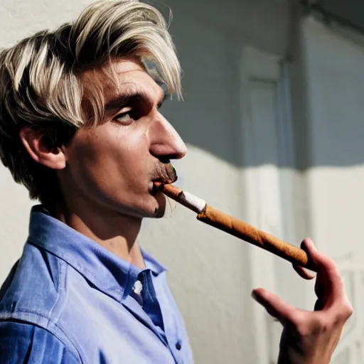 Prompt: a photo of xqc smoking a cigarrette