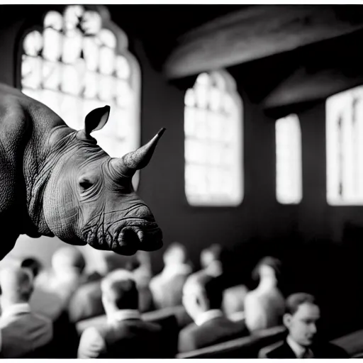 Image similar to a rhinoceros wearing a tiny suit in a wedding chapel, photo realistic, black and white, detailed, cinematic lighting