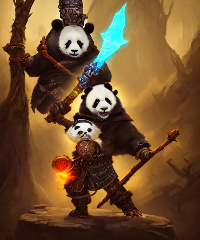 Image similar to a portrait an anthropomorphic panda warlock holding a staff, wearing warlock robes with spiked shoulders, landscape in background, dnd character art portrait, world of warcraft style, by peter mohrbacher, cinematic lighting