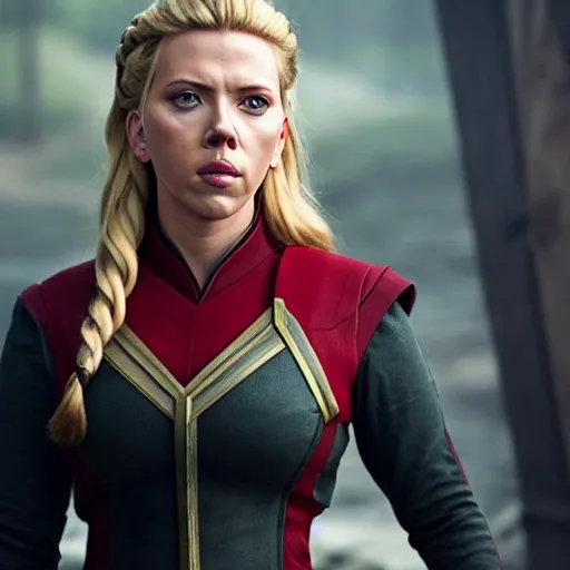 Image similar to starfleet uniform, portrait of scarlett johansson as lagertha, in starfleet uniform, from the tv series vikings