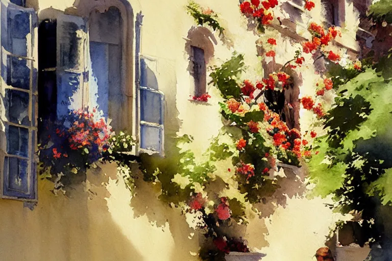 Image similar to abstract watercolor painting of spanish street, flowers in window, summer, magical and traditional, cinematic light, sharp shadows, daylight, national romanticism by anders zorn, by greg rutkowski, by greg manchess