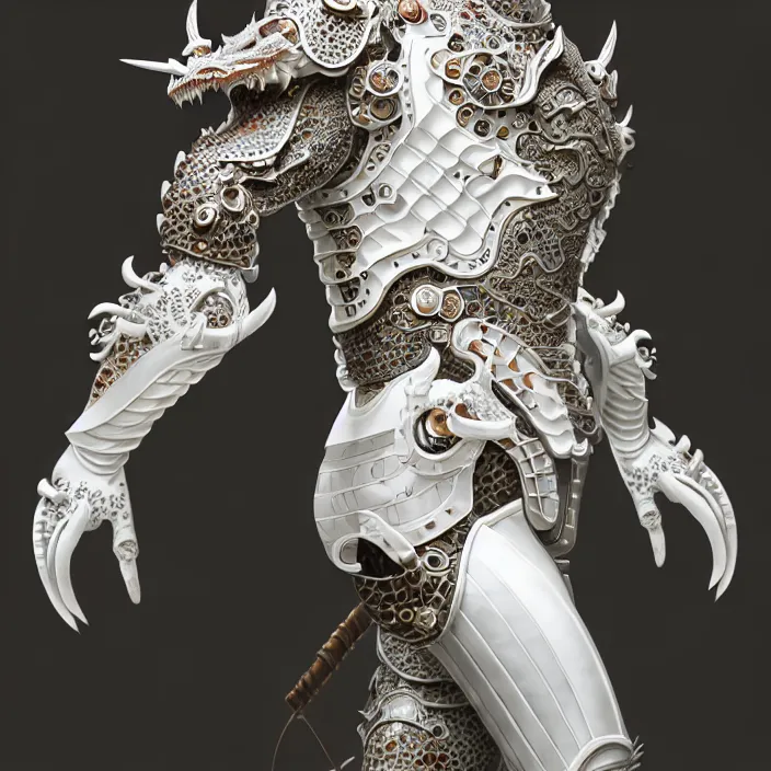 Prompt: man wearing porcelain cyborg armor, Chinese Kangxi dragon pattern porcelain, diffuse lighting, fantasy, intricate, elegant, highly detailed, lifelike, photorealistic, digital painting, artstation, illustration, concept art, smooth, sharp focus, art by John Collier and Albert Aublet and Krenz Cushart and Artem Demura and Alphonse Mucha