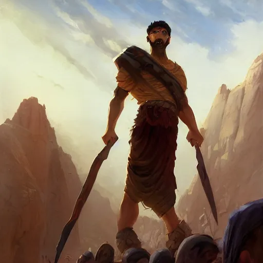 Prompt: 17 year old middle eastern skinned boy standing strong. Goliath, the Giant man stands behind. Cinematic, epic by andreas rocha and john howe, and Martin Johnson
