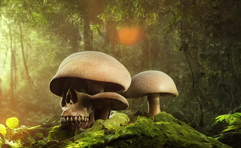 Prompt: a beautiful render of a mushroom growing out of a human a skull in a rainforest, sunset lighting, intricate detail, hazy, humid, volumetric lighting, god rays, 8 k, photorealistic, raytracing effects, unreal engine 5