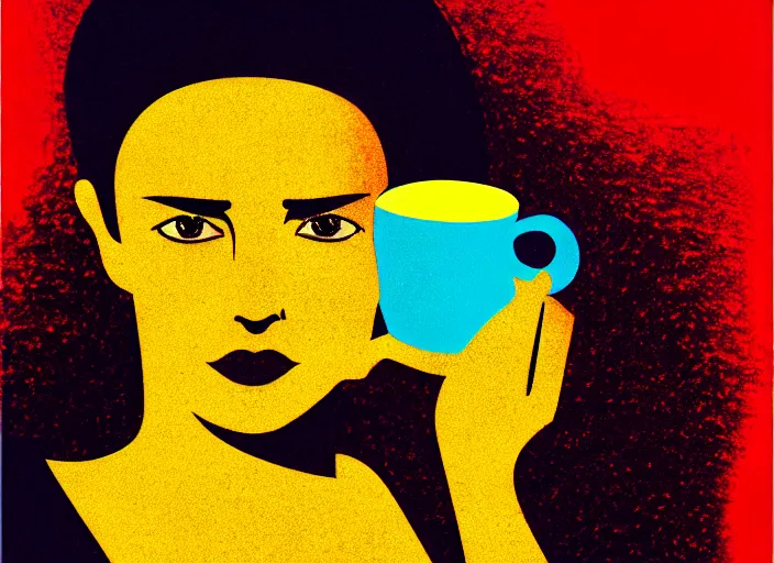 Image similar to portrait of a heroine drinking coffee, colorful,vivid, Mads Berg, Karolis Strautniekas,small finely stippled light, dramatic lighting,fine texutre, editorial illustration, detailed, matte print, dynamic composition,moody, cinematic, film grain,perspective