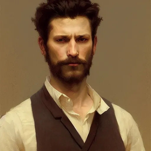 Image similar to a portrait painting of a gunslinger gentleman, art greg rutkowski and william - adolphe bouguereau