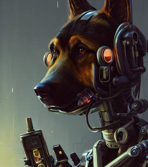 Image similar to studio portrait of furry anthro anthropomorphic german shepard head animal person fursona exposed machinery extremely detailed robot human android body military droid cybernetic cyberpunk digital art by Greg Rutkowski, Simon Stalenhag, trending on Artstation, CGSociety