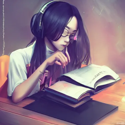 Prompt: lofi hiphop girl studying while listening to music by Wenqing Yan, WLOP, Zumidraws, OlchaS Logan cure liang Xing