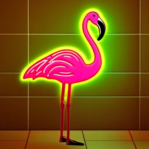 Image similar to flamingo sitting on the toilet, singihg, highly detailed, 4k, green neon lighting