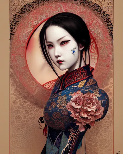 Image similar to portrait of a gothic girl, machine face, upper body, decorated with chinese opera motifs, traditional chinese art, intricate, elegant, highly detailed, digital painting, artstation, concept art, smooth, sharp focus, illustration, art by artgerm and greg rutkowski and alphonse mucha, 8 k