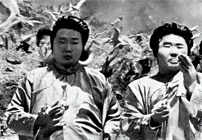 Image similar to a filmstill of pulgasari, kaiju starfish, monster movie, korean film noir, 1 9 5 0 s thriller, kim jong - il, in the style of rashomon and godzilla