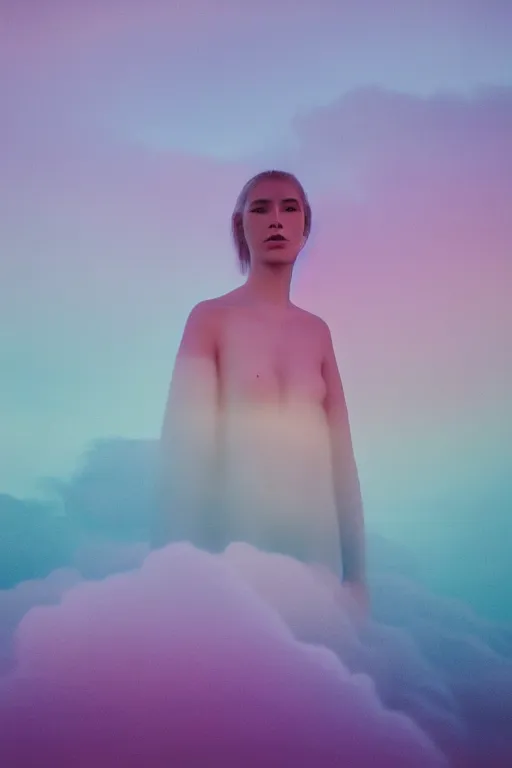 Image similar to high quality pastel coloured film close up wide angle photograph of a model wearing clothing swimming on cloud furniture in a icelandic black rock!! environment in a partially haze filled dreamstate world. three point light, rainbow. photographic production. art directed. pastel colours. volumetric clouds. pastel gradient overlay. waves glitch artefacts. extreme facial clarity. 8 k. filmic.