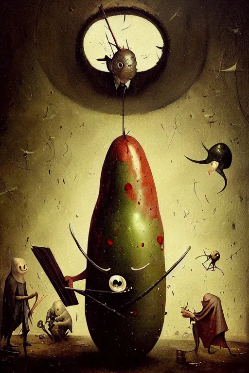 Image similar to hieronymus bosch, greg rutkowski, anna podedworna, painting of a pickle in a suit and eye with an eyepatch