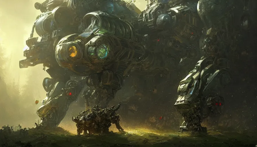 Image similar to military mech covered in armor with elden ring aesthetic, glowing lights, beautiful forests and trees, intricate detail, epic wallpaper, art by darek zabrocki and John Park and Feng Zhu and Jason Chan, trending on artstation, masterpiece.