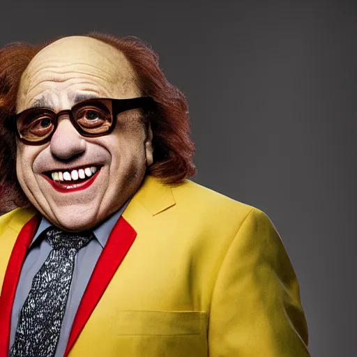 Image similar to danny devito in clown mask with fangs