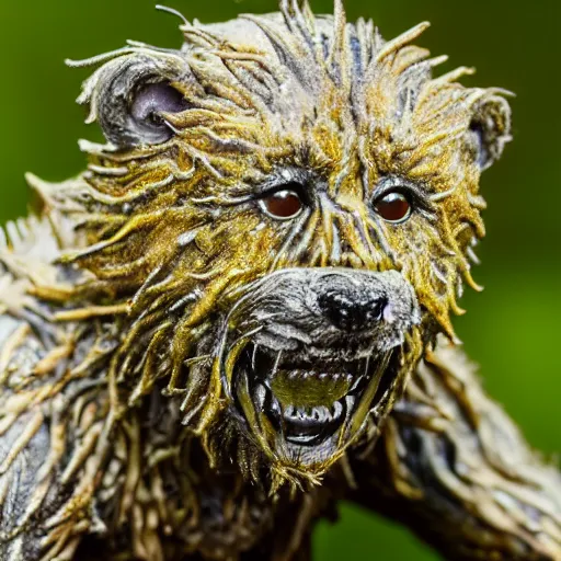 Image similar to photo taken of an epic intricate, ultra detailed, super realistic gritty, wet, lifelike sculpture of an cute furry monster with bioluminescent patches of skin created by weta workshop, zoomed in shots, subsurface scattering, photorealistic, sharp focus, white wall coloured workshop, cold colour temperature, f 0. 4, face centred, golden ratio