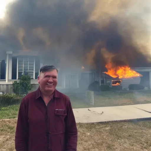 Prompt: a photo of a house burning down in the background and a man with an eerie smile in the foreground,