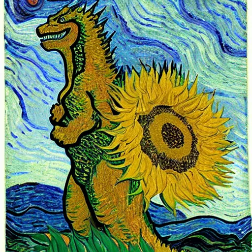 Prompt: godzilla standing in a field with sunflowers by Vincent van Gogh