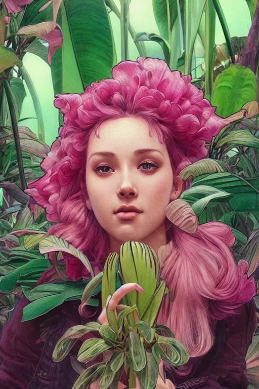 Image similar to ultra realistic illustration, banana plants drawing, pink background, elegant, highly detailed, digital painting, concept art, smooth, sharp focus, illustration, art by artgerm and greg rutkowski and alphonse mucha, haus and hues,