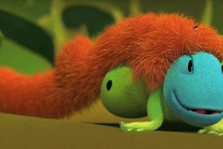 Image similar to disney pixar's a bug's life, cgi caterpillar colorful, furry caterpillar