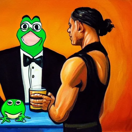 Prompt: Dwayne Johnson and Pepe the Frog having a drink in a nighttime hotel, painting, beautiful, in the style of Edward Hopper