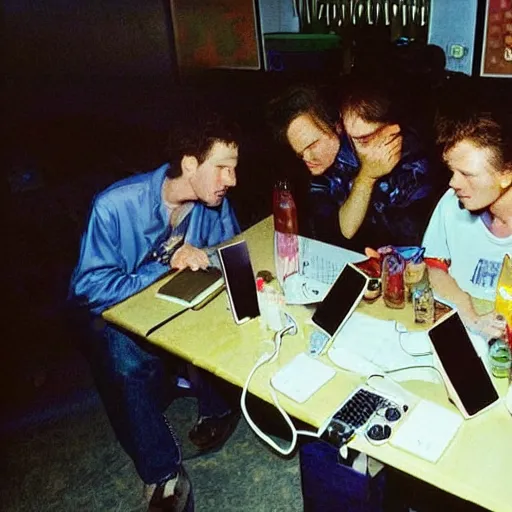 Image similar to the saddest computer party, drinks, 1990s photograph