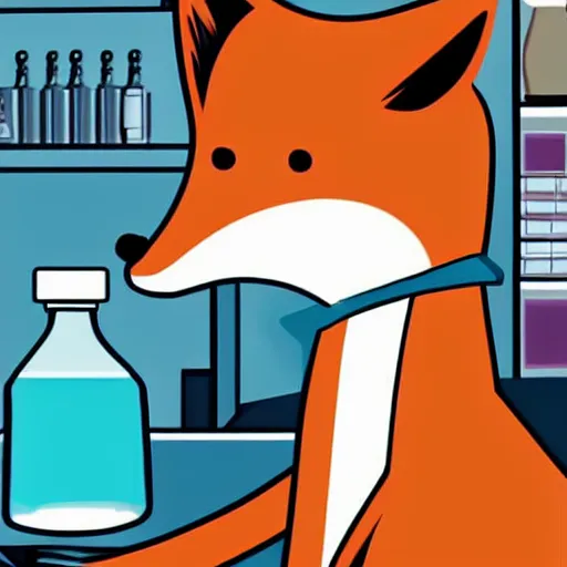 Prompt: a fox wearing a lab coat in the lab discovering new chemicals, cartoon, high detail