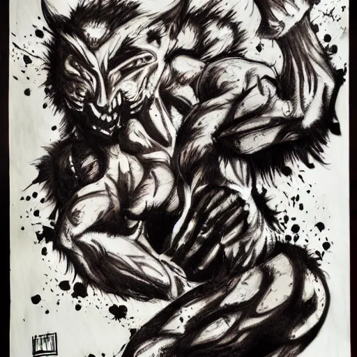 Image similar to emotional movement of muscle panthers, hell creatures, ink painting, in style of thawan duchanee, high quality,