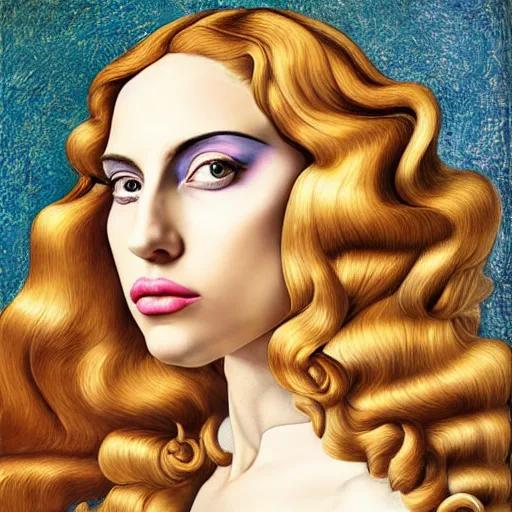 Image similar to photo realistic, hyper realism, lady gaga artpop act ii album, intricate detail, hyper detail, sandro botticelli style, with honey light brown rapunzel hair, detailed, masterpiece, sharp focus,