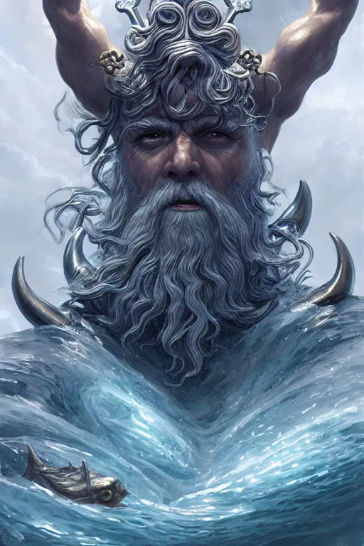 Image similar to poseidon humanoid god of the sea, trident, highly detailed, d & d, fantasy, highly detailed, digital painting, trending on artstation, concept art, sharp focus, illustration, art by artgerm and greg rutkowski and magali villeneuve