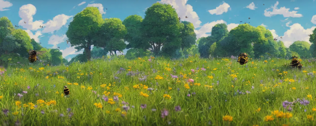 Image similar to a beautiful meadow landscape with large detailed bees flying, flowers, happy trees, photorealistic, octane render, rtx, hdr, unreal engine, digital art widescreen 8 k in the style of studio ghibli and bob ross