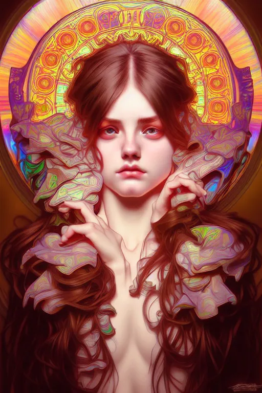 Image similar to overlord, psychedelic, portrait, highly detailed, deep focus, elegant, digital painting, smooth, sharp focus, illustration, ultra realistic, 8 k, art by artgerm and alphonse mucha