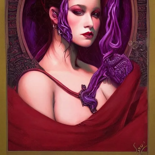 Image similar to portrait of princess of the dreamlands and moon beast, beautiful! coherent! by brom, deep colors, red maroon purple pink black, strong lines, rule of thirds, head centered