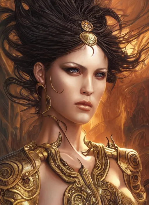 Prompt: a highly detailed symmetrical painting of a female model fantasy amazon with piercing beautiful eyes, trending art by artgerm and karol bak and mark brooks and donato giancola and bayard wu and gustav moreau and wayne barlowe