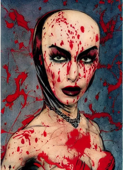 Image similar to portrait of bald iranian vampiress, jeweled veil, strong line, saturated color, beautiful! coherent! by frank frazetta, high contrast, blood splatter background