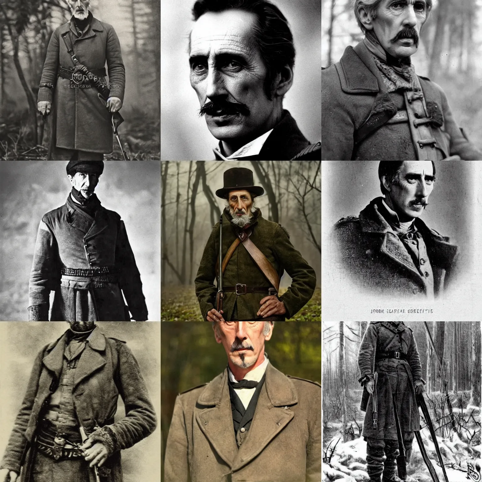 Prompt: a middle aged, soldierlike, stark 19th century eastern european hunter with a gray goatee looks similar to Jonathan Hyde and young Christopher Lee. The background is a eastern european forrest. cinematic lighting, highly detailed, realistic, antique photography