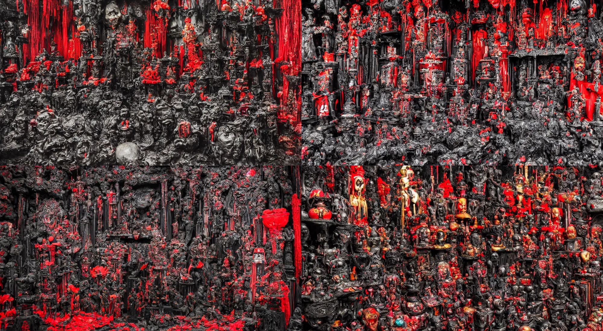 Prompt: Malevolent Shrine, Colorful Digital Photography, Surrounded by Black Water, Dark, Red Shrine, Traditional Shrine, Intricate Detail, ELS, Extreme Long Shot, ISO 100, Horror