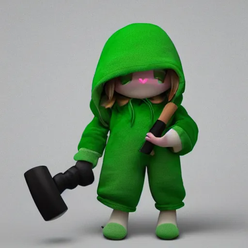 Prompt: cute fumo plush of a girl in a green hoodie with a giant hammer, vray