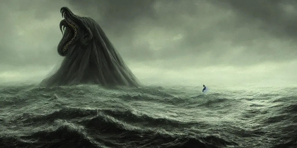 Image similar to cthulhu rising out of the ocean, hyper realistic oil painting, dark, moody cinematic lighting, creepy, fog, storm clouds, by greg rutkowski, trending on artstation