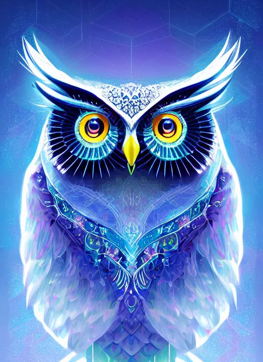 Image similar to symmetry!! product render poster vivid colors divine proportion owl, ice and snow, glowing fog intricate, elegant, highly detailed, digital painting, artstation, concept art, smooth, sharp focus, illustration,