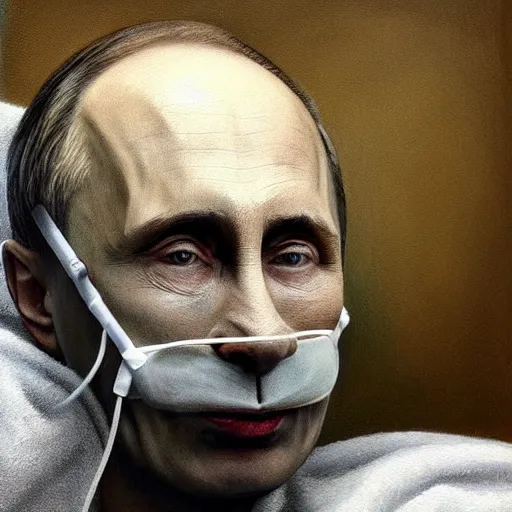 Prompt: hyperrealistic painting of very ill Vladimir Putin as a patient wearing an oxygen mask on a death bed inhaling from Copium tank that stand near his bed, dimly lit cozy tavern, leather tunic, confident relaxed pose, d&d, stunning 3d render inspired art by Tim Okamura and Lise Deharme + perfect facial symmetry + dim volumetric lighting, 8k octane beautifully detailed render, post-processing, extremely hyperdetailed, intricate, epic composition, grim yet sparkling atmosphere, cinematic lighting + masterpiece, trending on artstation, very very detailed, masterpiece, stunning